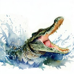 Watercolor image of a crocodile with its mouth open, its teeth bared, its fierce expression created with AI.