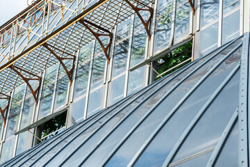 section of a glass wall of a tropical flower greenhouse with opened windows