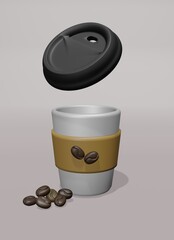 Coffee Cup 3D Rendering with Lid Cup in Clear Background for Cafe Menu, Drink, and etc.