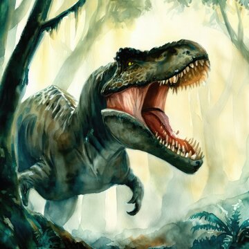 T-Rex dinosaur with open mouth, baring its palanquin, fierce-looking creature created with AI.