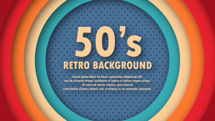 Abstract 1950's colorful background with circles element and retro colors. Realistic design in futuristic retro 50s style. Vector funky illustration.