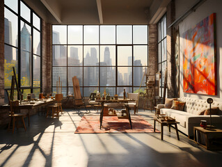 Large open space art studio with city view industrial brick wall loft.