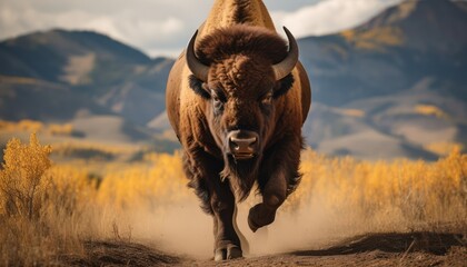 Photo of a majestic bison sprinting down a dusty road