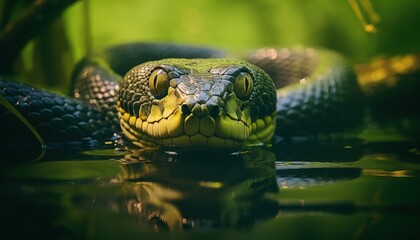 Photo of an anaconda snake swimming in the water - obrazy, fototapety, plakaty