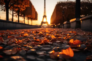 Fotobehang Paris with Eiffel Tower against autumn leaves in France © Tjeerd