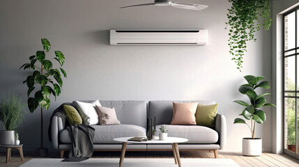 Air conditioner in Stylish interior of light living room with sofa. Generative Ai