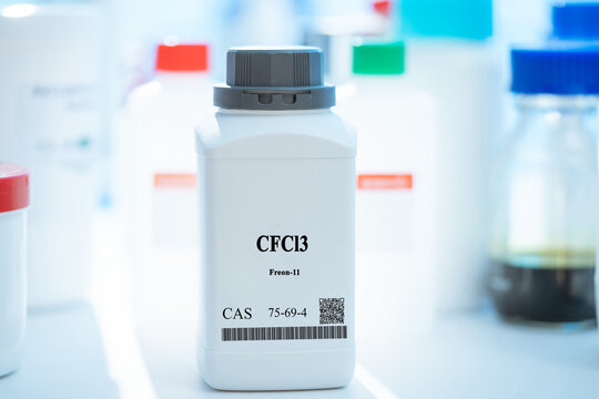 CFCl3 freon-11 CAS 75-69-4 chemical substance in white plastic laboratory packaging