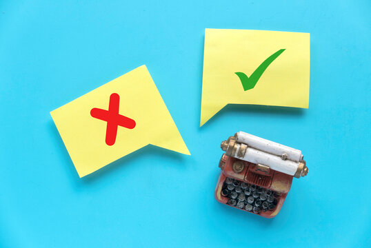 Concept of evaluation. True or false symbol. Accepted or rejected. Yes or no icon over a yellow bubble chat on blue background with copy space. - Powered by Adobe