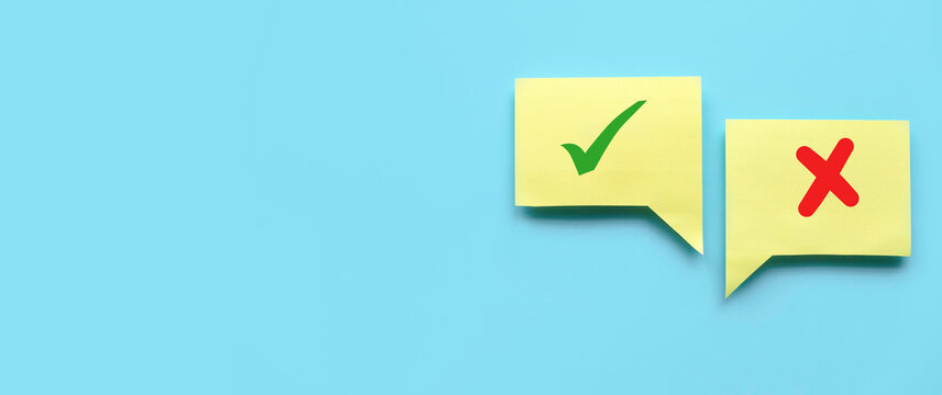 Concept of evaluation. True or false symbol. Accepted or rejected. Yes or no icon over a yellow bubble chat on blue background with copy space. - Powered by Adobe