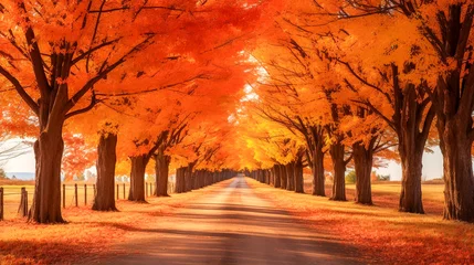 Fotobehang Warm oranje 美しい秋の紅葉の並木道