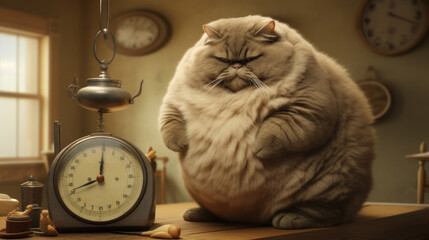 A large, fat, obese cat at a veterinarian's appointment in a clinic. Concept of care and concern for pets and obesity