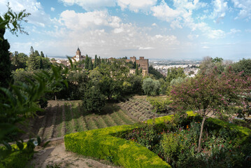 Fototapeta na wymiar Views of the orchards, the Alhambra and the Albaicin from the Paseo de los Nogales in the Generalife