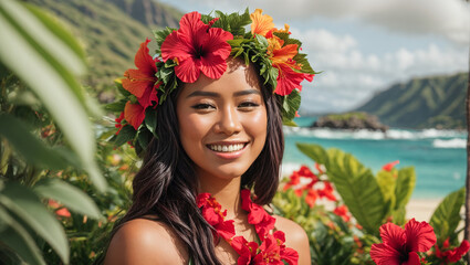 Portrait of a beautiful young Hawaiian woman, smiling, flowers