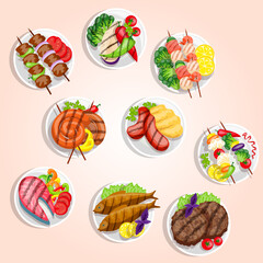 set of fruit and vegetables salad meat satay