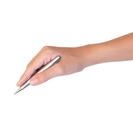 Teenage hand holding a pen at the target - education targeting, aiming, focus concept. white background, isolate.	