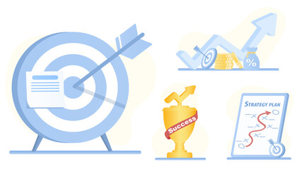 Business ideas collection set. Goal setting, upward arrow, strategy planning, competition, opportunity, creativity for business success and growth. Flat vector design illustration.
