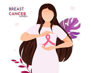 National Breast Cancer Awareness Month, a woman holds a pink ribbon