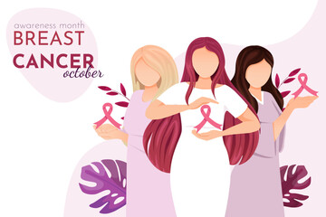 National Breast Cancer Awareness Month, three women hold a pink ribbon