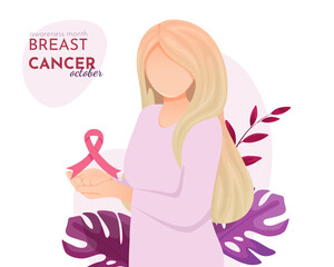 National Breast Cancer Awareness Month, a woman holds a pink ribbon