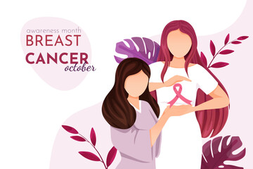 National Breast Cancer Awareness Month, two girls hold a pink ribbon