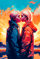 LGBTQ Affection Tender artwork of two girls embracing at dusk