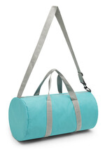 close up outdoor trendy fashion sports custom nylon crossbody shoulder strap bag medium size duffle gym travel bags for men women isolated on white background. top view. two tone in blue handbag.