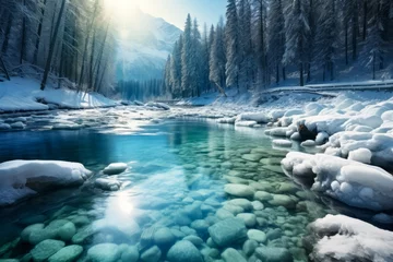 Foto auf Acrylglas A transparent blue river and forest with snow scenery. Beautiful winter scenery background. Natural and seasonal landscape concept. © cwa