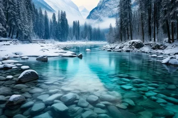 Tuinposter A transparent blue river and forest with snow scenery. Beautiful winter scenery background. Natural and seasonal landscape concept. © cwa