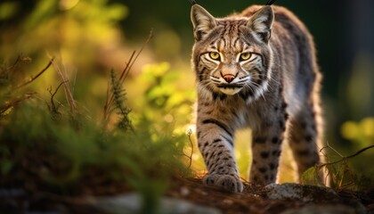 Photo of a bobcat walking through the woods towards the camera
