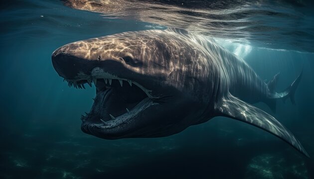 Photo of a fearsome basking shark with its jaws wide open in the deep blue sea