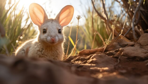 Photo of a cute bilby sitting in the lush green grass