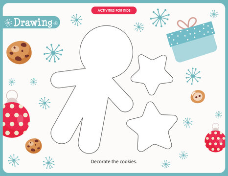 Christmas activities for kids. Finish the picture – decorate Gingerbread man and Cookie. Coloring page. Vector illustration.
