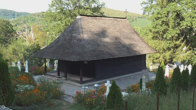 Top view of One Wood Monastery which was built from one single old big oak trunk, in Valcea, Romania