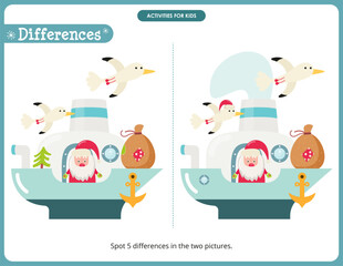 Christmas activities for kids. Spot 5 differences. Cute Christmas Santa on Ship. Vector illustration.