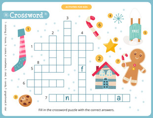 Christmas crossword page printable for children. Preschool games. Christmas Characters and objects – stocking, house, cookie, snowflake, sled, candy, gingerbread, star. Vector illustration.