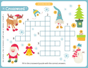 Christmas crossword page printable for children. Preschool games. Christmas Characters and objects – gnome, reindeer, bell, gift box, snowman, christmas tree, Santa. Vector illustration.