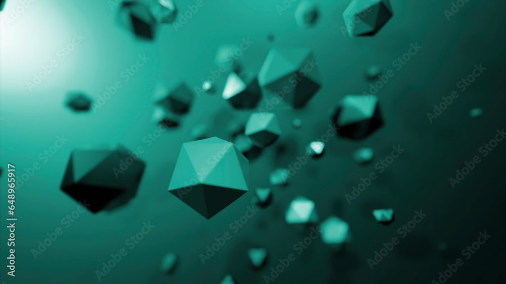 Poster rotating geometric polygons. design. spinning stream with geometric 3d polygons. molecular flow in f
