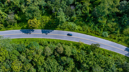 Aerial top view road in forest with car motion blur. Winding road through the forest. Car drive on the road between green forest. Ecosystem ecology healthy environment road trip.