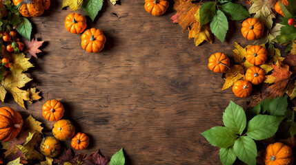 Naklejka na ściany i meble utumn Thanksgiving background, pinecones, pumpkins, and leaves on a rustic table, top view, winter supplies, website header with copyspace, fall season crops gathered in a basket, Generative A.I,