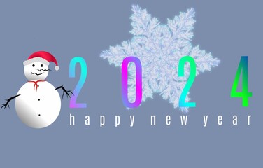 Fototapeta na wymiar 2024 new year greeting card with snowman and snowflakes