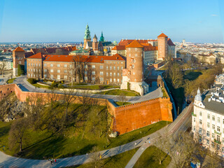 Krakow. Poland.  Wawel castle and cathedral with towers and Sigismund chapel with golden dome....
