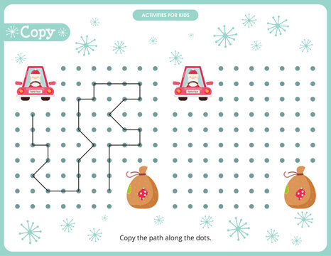Christmas activities for kids. Copy the path for Santa. Logic games for children. Vector illustration.