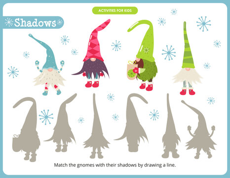 Christmas activities for kids. Find the correct shadow for Gnomes. Vector illustration. Matching game.