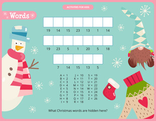 Christmas activities for kids. Find the hidden Christmas words using the key – Snowman, Sweater, Gnome. Xmas Logic games for children. Vector illustration.