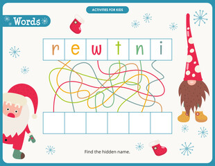 Christmas activities for kids. Find the hidden name - Winter. Xmas Logic games for children. Vector illustration.