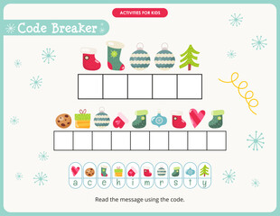 Christmas activities for kids. Find the hidden Christmas message in Code Breaker – Merry Christmas. Xmas Logic games for children. Vector illustration.