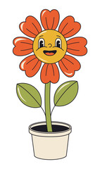Retro cartoon potted flower. Groovy cute orange flower in pot. Illustration of floral retro 60s character. Vector illustration EPS 10