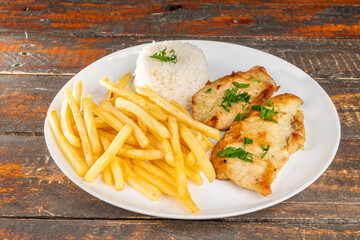 fried chicken with potato and rice