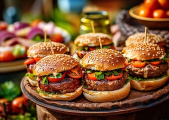 Mini burgers with vegetables and sauce during summer barbecue.Macro.AI Generative