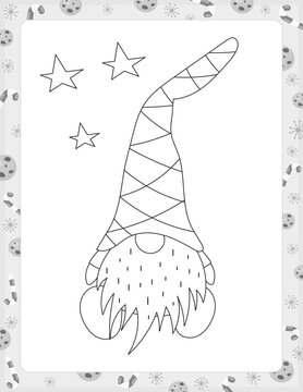 Christmas Coloring Page Printable For Children. Preschool Games. Cute Christmas Gnome. Black And White Page For Xmas Coloring Book KDP. Vector Illustration.